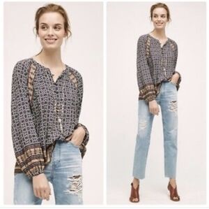 Anthro|11.1.TYLHO Aubina Blouse Blue Print Long Sleeve Peasant Top Size M